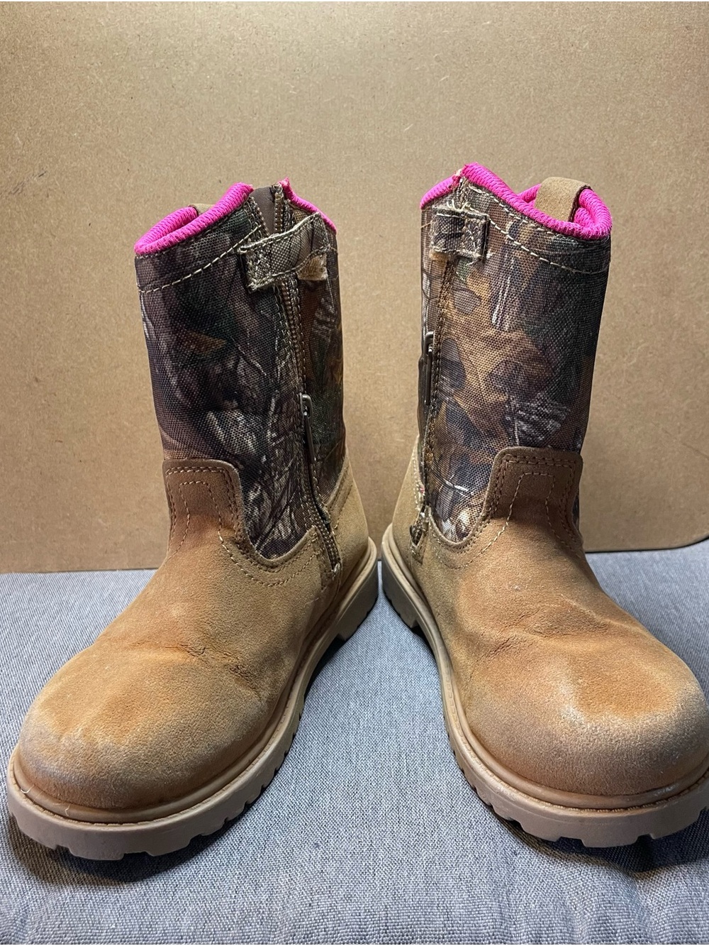 Magellan Outdoors Brown Camo Kids Pull-On Boots with Pink Trim